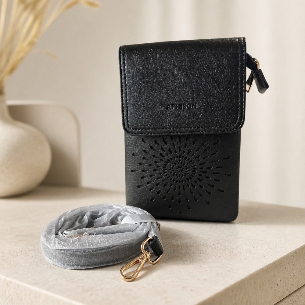 Aphison Small Crossbody Cell Phone Bag Black Faux Leather Laser Cut Detail